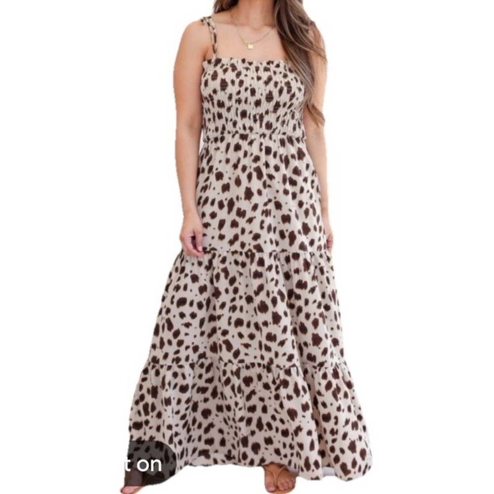 First Love Lovelyn Tiered Maxi Dress Sz M Leopard Print Beige Brown Smocked Chic
